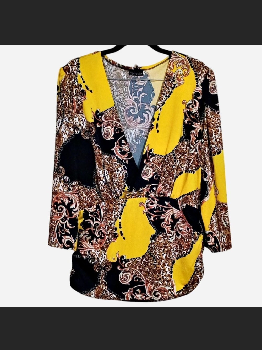 Zenobia Yellow & Black Printed V-Neck Women’s Top